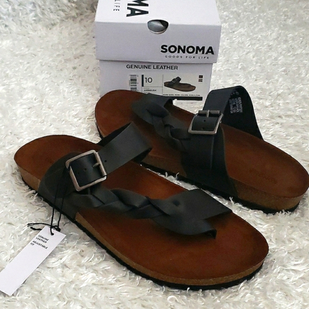 Leather Footbed Black Slide Sandals